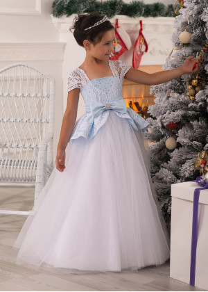 Beaded Sky Blue And White Satin Lace Peplum Flower Girl Dress